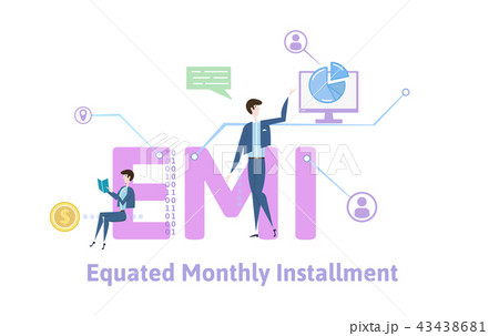 EMI, equated monthly installment. Concept table with keywords, letters and icons. Colored flat EMI, equated monthly installment. Concept table with keywords, letters and icons. Colored flat 43438681