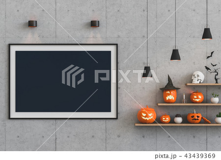 Halloween poster mock up in room and pumpkin Halloween poster mock up in room and pumpkin 43439369