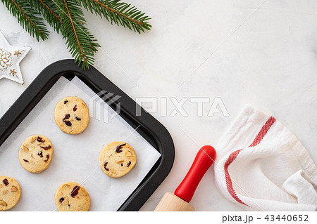 Christmas cookies with nuts and cranberries. Christmas decoration. Top view. Copy space. 43440652