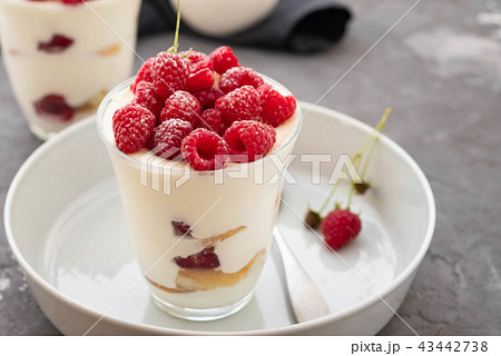 Tiramisu with raspberry in glasses on grey background. Italian dessert. Copy space. Tiramisu with raspberry in glasses on grey background. Italian dessert. Copy space. 43442738