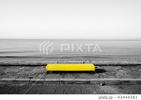 Yellow bench on black and white sea background 43444381
