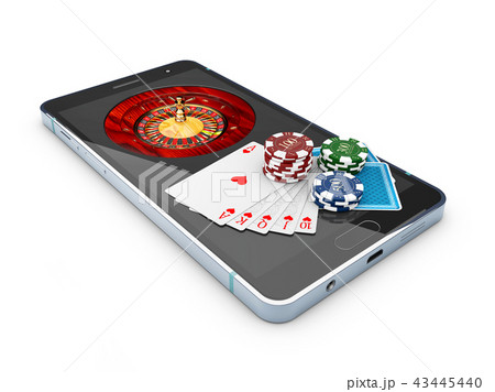Online casino concept, playing cards, dice chips and smartphone 3d Illustration Online casino concept, playing cards, dice chips and smartphone 3d Illustration 43445440