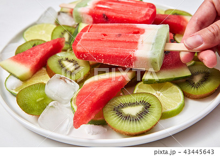 Close-up woman's hand holds berry ice cream lolly, on a white background a plate of ice cream 43445643