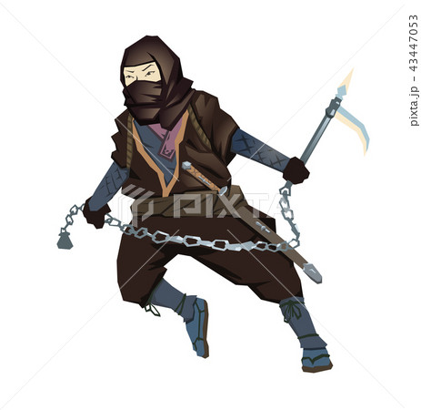Ninja with Kusarigama in fighting position. Vector illustration. Flat style, isolated on white 43447053