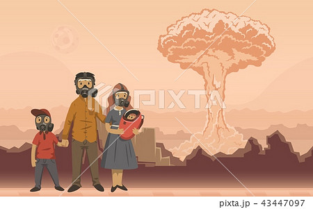 Family in gas masks on nuclear explosion background. Futuristic apocalyptical scene. Flat vector Family in gas masks on nuclear explosion background. Futuristic apocalyptical scene. Flat vector 43447097