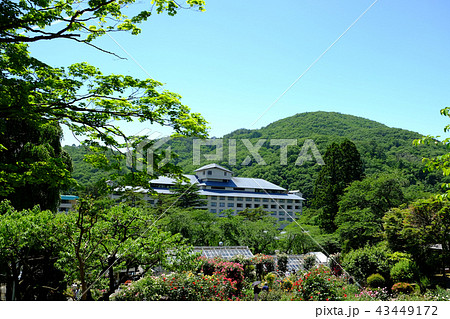 バラ園から見た花巻温泉の写真素材