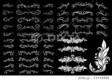 Dividers and filigree ornaments. White decorations on black background Dividers and filigree ornaments. White decorations on black background 43449866
