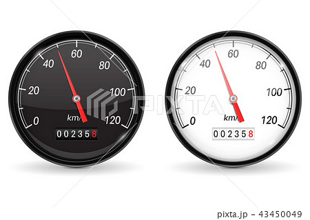 Speedometer. Black and white speed gauge with metal frame. 50 km per hour 43450049