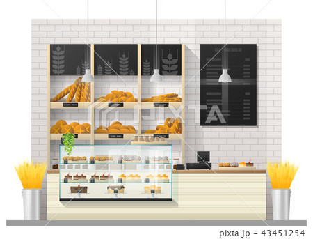 Interior scene of bakery shop with display counter Interior scene of bakery shop with display counter 43451254