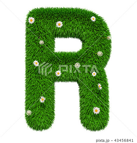 Green grassy letter R with flowers, 3D rendering 43456841