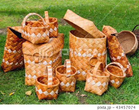 Baskets woven of birch bark. Ancient storage boxes Baskets woven of birch bark. Ancient storage boxes 43457074