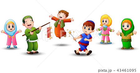 Happy kid celebrate Eid Mubarak with play firework 43461095