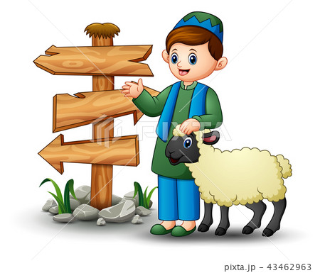 Happy Muslim Kid Holding Sheepのイラスト素材