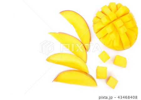 Mango fruit and half isolated on white background with copy space for your text. Top view. Flat lay Mango fruit and half isolated on white background with copy space for your text. Top view. Flat lay 43468408