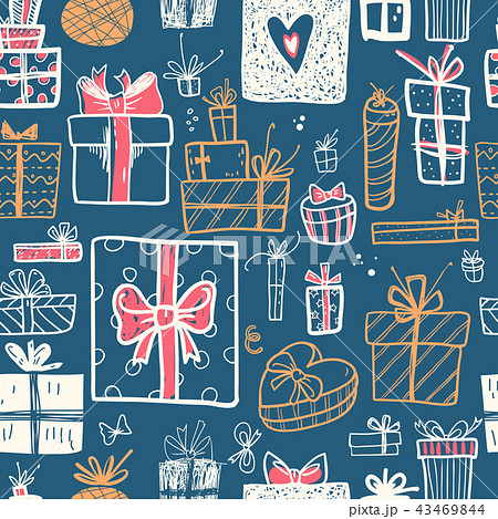 Funny doodle gift boxes holiday seamless pattern. Hand kids draw Funny doodle gift boxes holiday seamless pattern. Hand kids draw 43469844