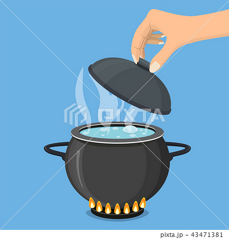 Cooking pot on stove with water and steam. Cooking pot on stove with water and steam. 43471381