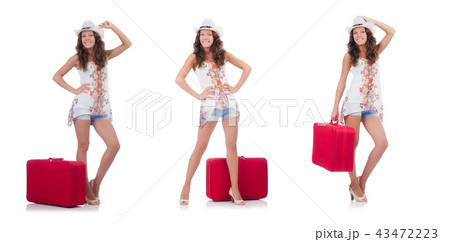 Woman traveller with suitcase isolated on white 43472223