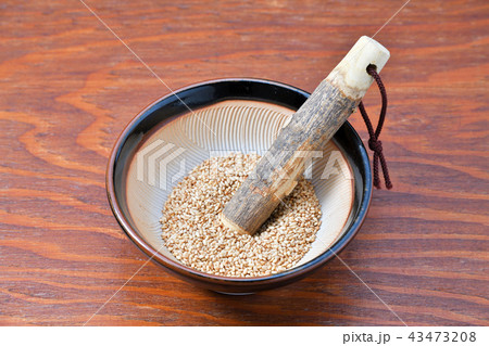 すり鉢と白ごま。小さいサイズのすり鉢と擂粉木、白ごま（炒りごま）です。ゴマはまだ擦っていません。 43473208