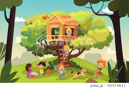 Happy multiracial boys and girls playing and having fun in the treehouse, kids playing with dog, and Happy multiracial boys and girls playing and having fun in the treehouse, kids playing with dog, and 43474611