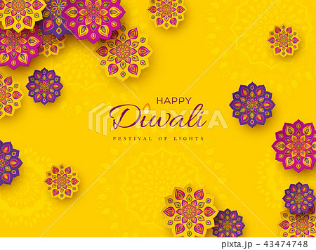 Diwali festival holiday design with paper cut style of Indian Rangoli. Purple, violet color on Diwali festival holiday design with paper cut style of Indian Rangoli. Purple, violet color on 43474748