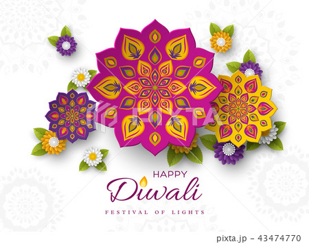 Diwali festival holiday design with paper cut style of Indian Rangoli and flowers. Purple, violet 43474770