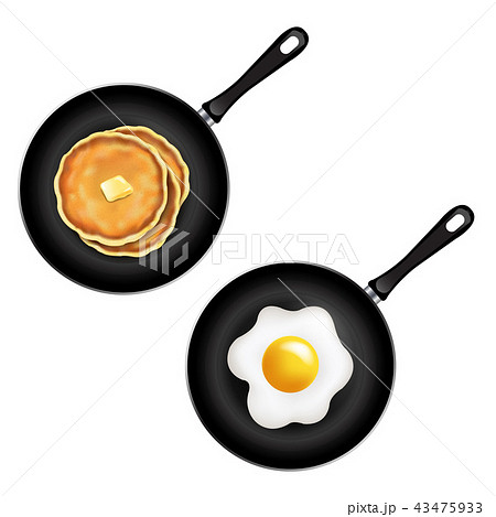 Pan With Pancake And Fried Eggs Isolated White Pan With Pancake And Fried Eggs Isolated White 43475933