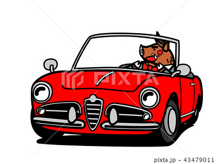 2019年年賀状素材　オープンカーと亥　赤色 43479011