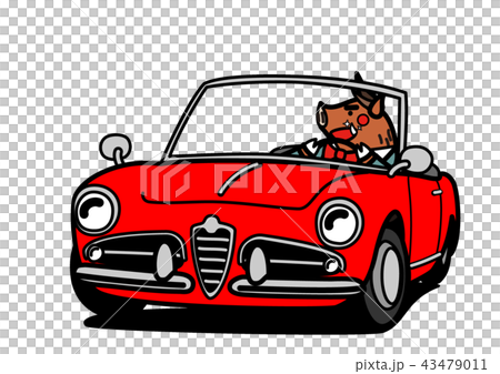 2019年年賀状素材　オープンカーと亥　赤色 43479011