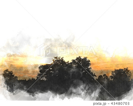 Abstract tree and field landscape on watercolor 43480703