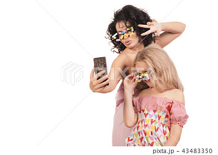 Funny Mom and daughter do selfie Isolated on white Funny Mom and daughter do selfie Isolated on white 43483350