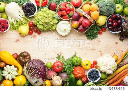Summer fruits vegetables on table Summer fruits vegetables on table 43483446