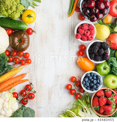 Summer fruits vegetables on table Summer fruits vegetables on table 43483455