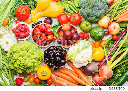 Summer fruits vegetables on table Summer fruits vegetables on table 43483500