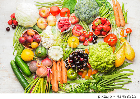 Summer fruits vegetables on table Summer fruits vegetables on table 43483515