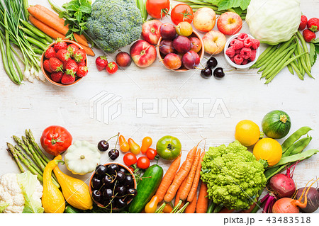 Summer fruits vegetables on table 43483518