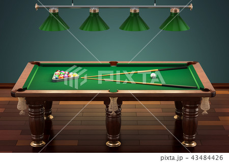 Billiard table with balls and cue in room Billiard table with balls and cue in room 43484426
