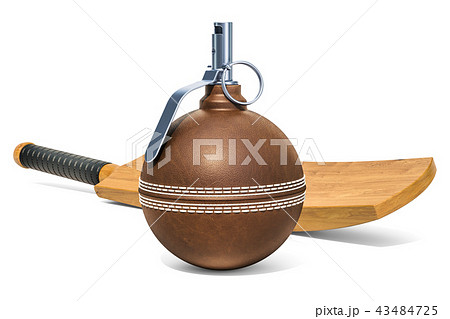 Cricket ball hand grenade and bat. 3D rendering Cricket ball hand grenade and bat. 3D rendering 43484725