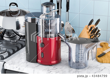 Electric juicer on the kitchen table. 3D rendering Electric juicer on the kitchen table. 3D rendering 43484799