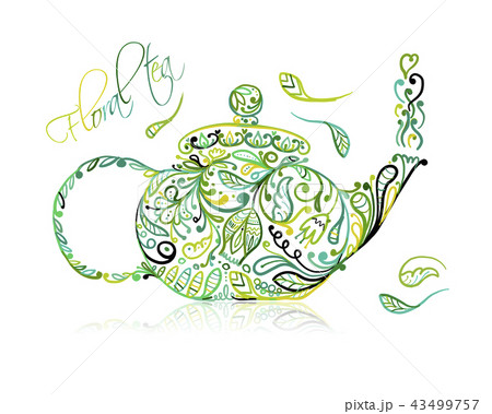 Teapot sketch with green tea for your design 43499757