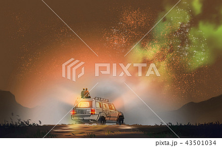couple sitting on SUV car against milky way couple sitting on SUV car against milky way 43501034