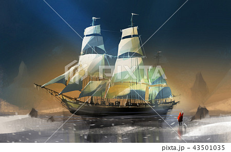 boy and standing on snow against big sailboat 43501035