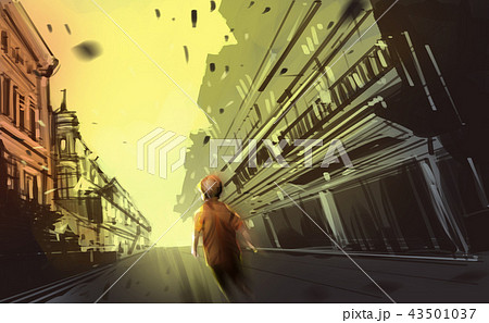a boy walking in abandon town 43501037
