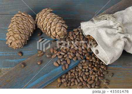 Cedar cones and nuts, poured from a bag on wooden Cedar cones and nuts, poured from a bag on wooden 43501476