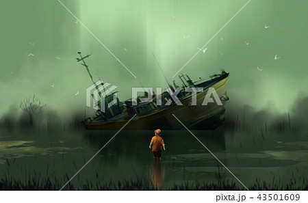 a boy standing in the swamp against abandon boat 43501609