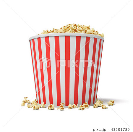 3d rendering of a large red and white bucket full of popcorn falling out of it on a white background 3d rendering of a large red and white bucket full of popcorn falling out of it on a white background 43501789