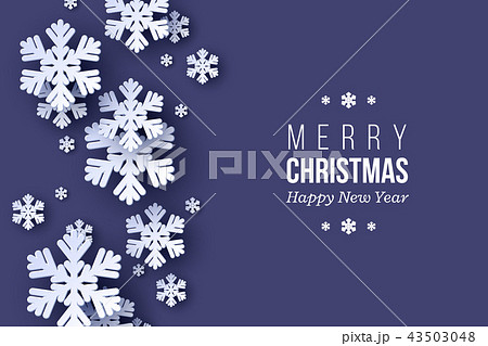 Christmas holiday design with paper cut style snowflakes. Dark blue background with greeting text Christmas holiday design with paper cut style snowflakes. Dark blue background with greeting text 43503048