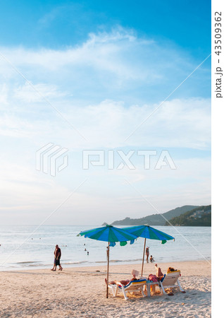 Phuket Patong beach colourful umbrellas in evening Phuket Patong beach colourful umbrellas in evening 43509362