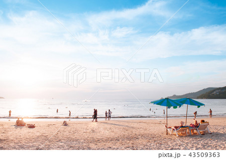 Phuket Patong beach colourful umbrellas in evening Phuket Patong beach colourful umbrellas in evening 43509363