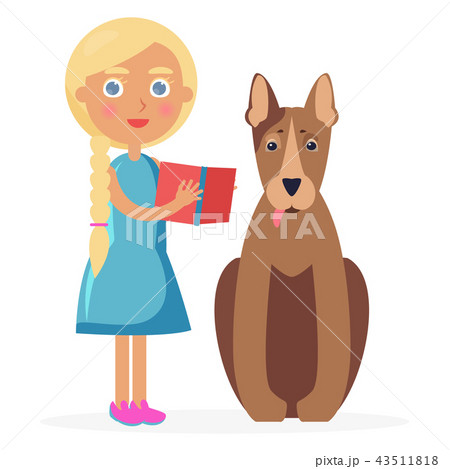 Small Girl Stands with Bull Terrier and Holds Book 43511818