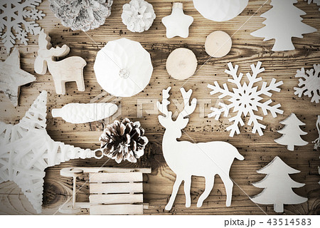 Flat Lay Of White Wooden Christmas Decoration 43514583